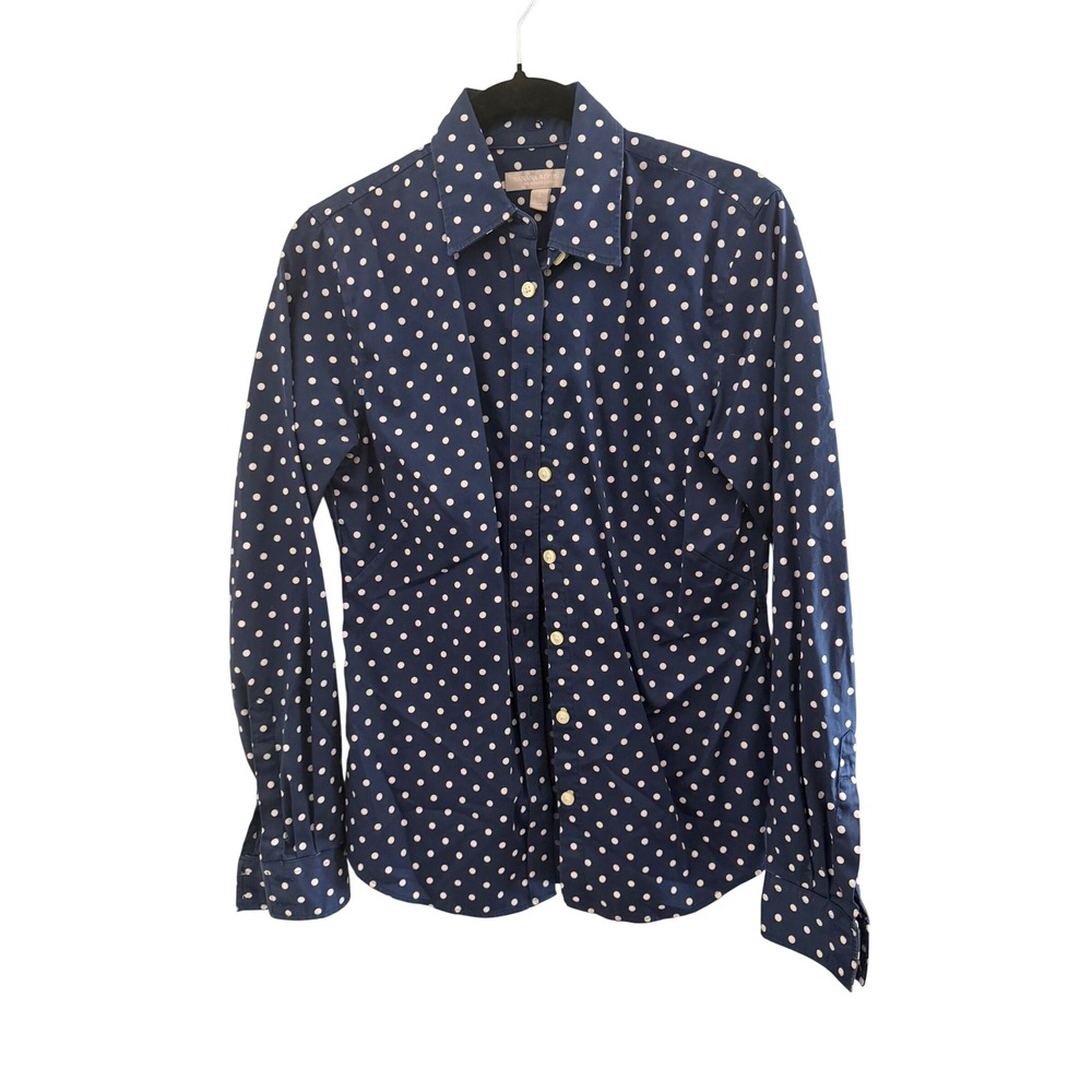 Banana Republic Womens Navy Blue Polka Dot Non-Iron Fitted Button Down Shirt 6